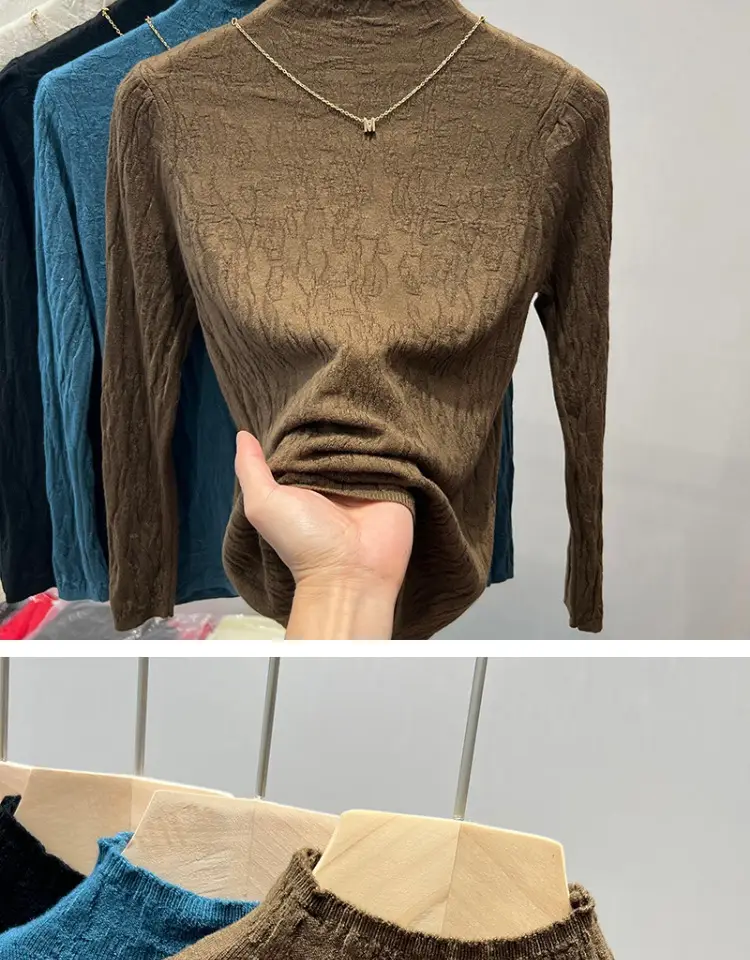 Women's Blue Knitted Semi-High Collar Shirt — feature 1
