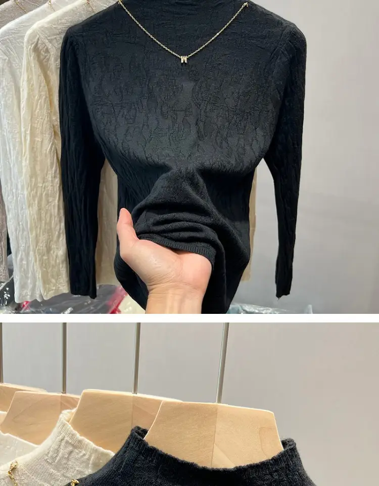 Women's Blue Knitted Semi-High Collar Shirt — feature 13