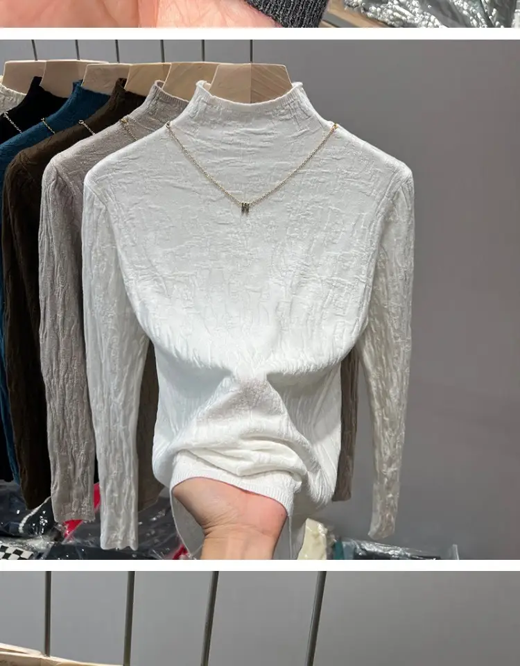 Women's Blue Knitted Semi-High Collar Shirt — feature 16