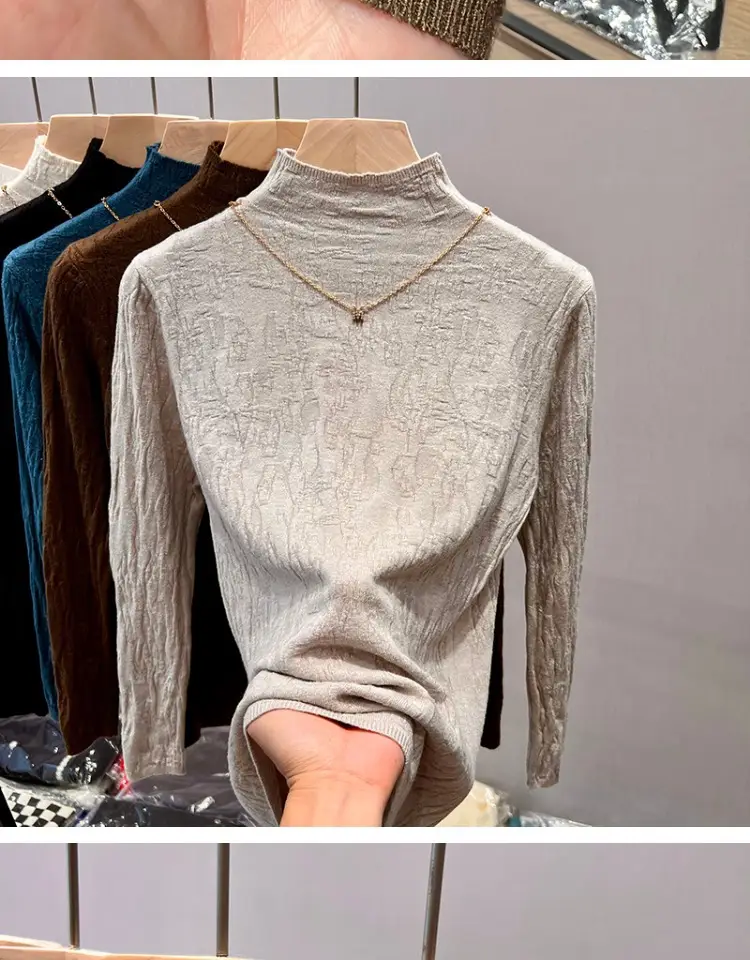 Women's Blue Knitted Semi-High Collar Shirt — feature 4