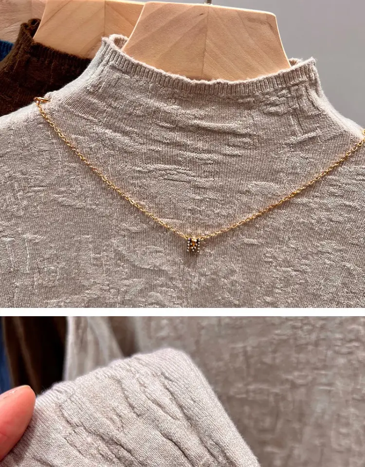 Women's Blue Knitted Semi-High Collar Shirt — feature 5