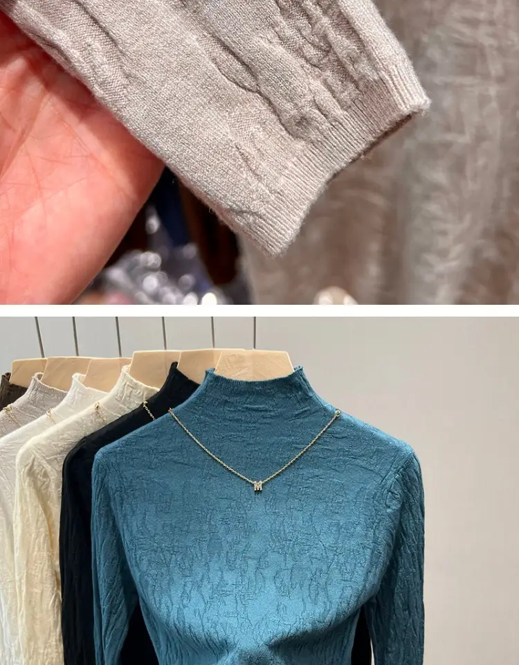 Women's Blue Knitted Semi-High Collar Shirt — feature 6