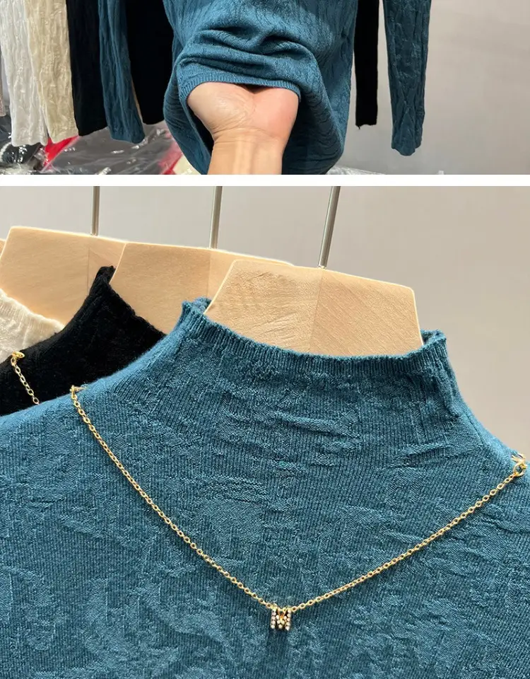 Women's Blue Knitted Semi-High Collar Shirt — feature 7