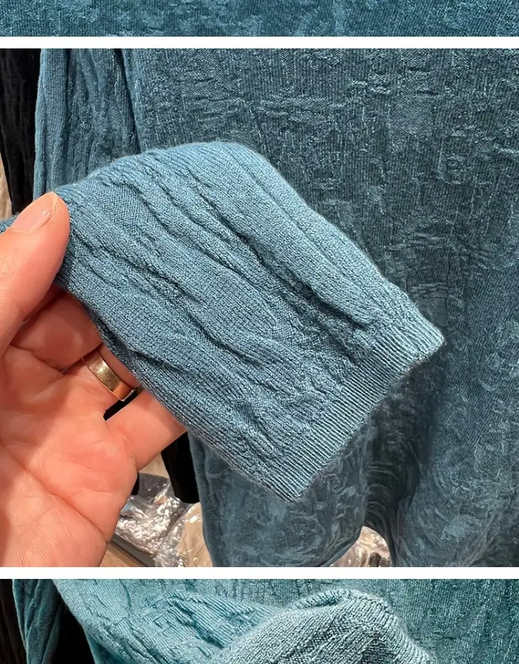 Women's Blue Knitted Semi-High Collar Shirt — feature 8