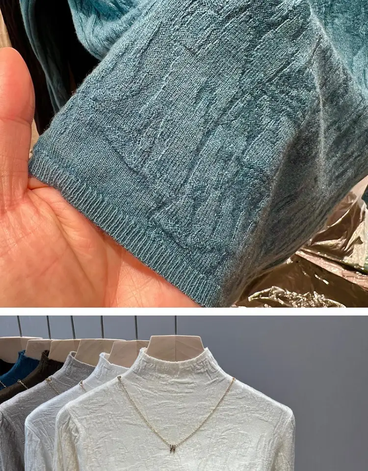 Women's Blue Knitted Semi-High Collar Shirt — feature 9
