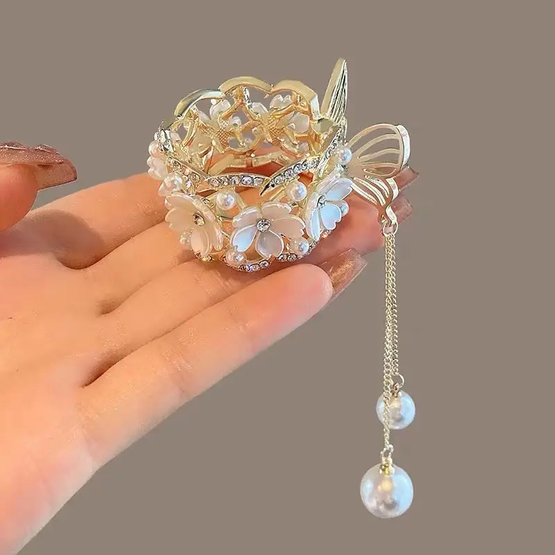 Korean Style Pearl Flower Hairpin with Tassel - Image 2
