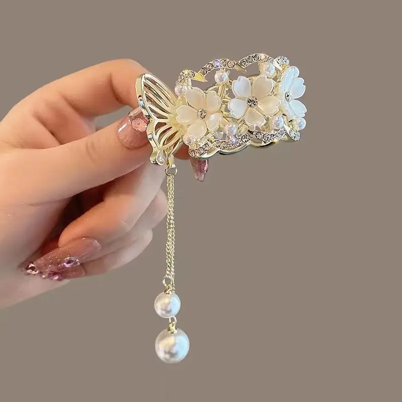 Korean Style Pearl Flower Hairpin with Tassel - Image 4