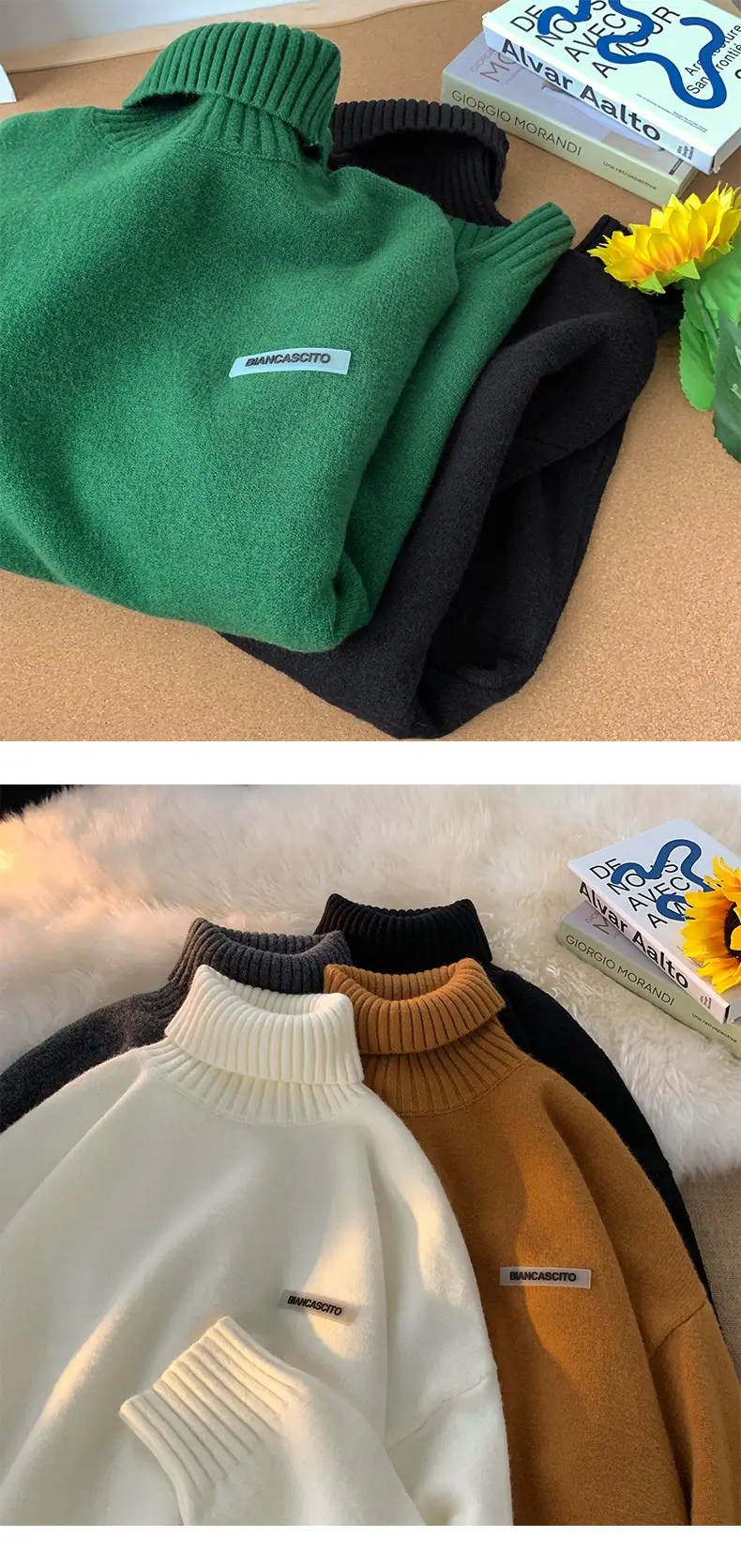 Men's Brown Turtleneck Sweater Thickened Winter Warm Loose Fit — feature 11
