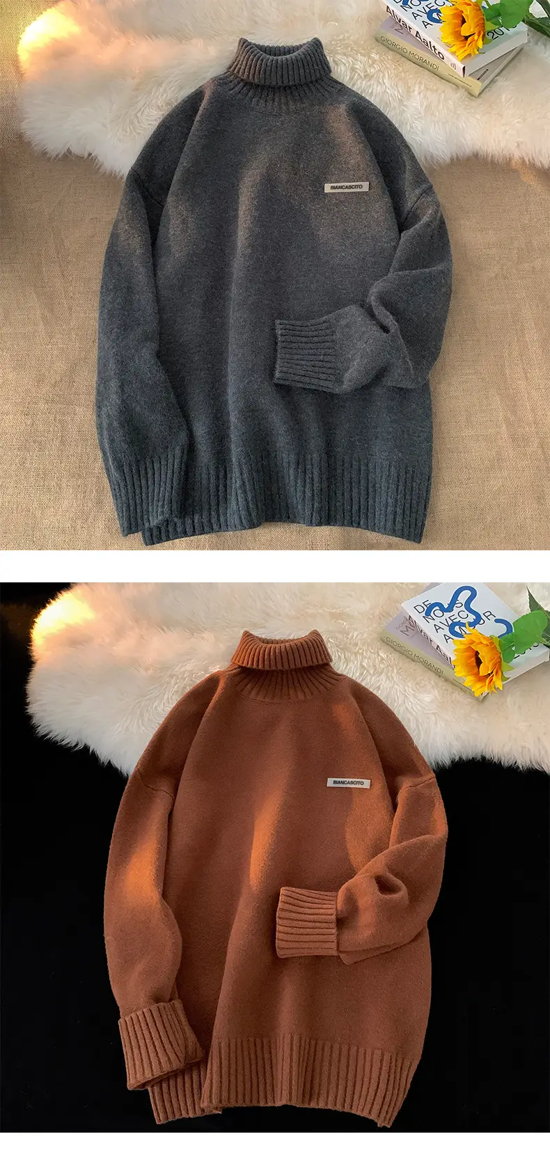 Men's Brown Turtleneck Sweater Thickened Winter Warm Loose Fit — feature 12