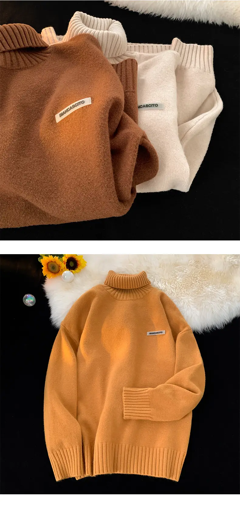 Men's Brown Turtleneck Sweater Thickened Winter Warm Loose Fit — feature 14