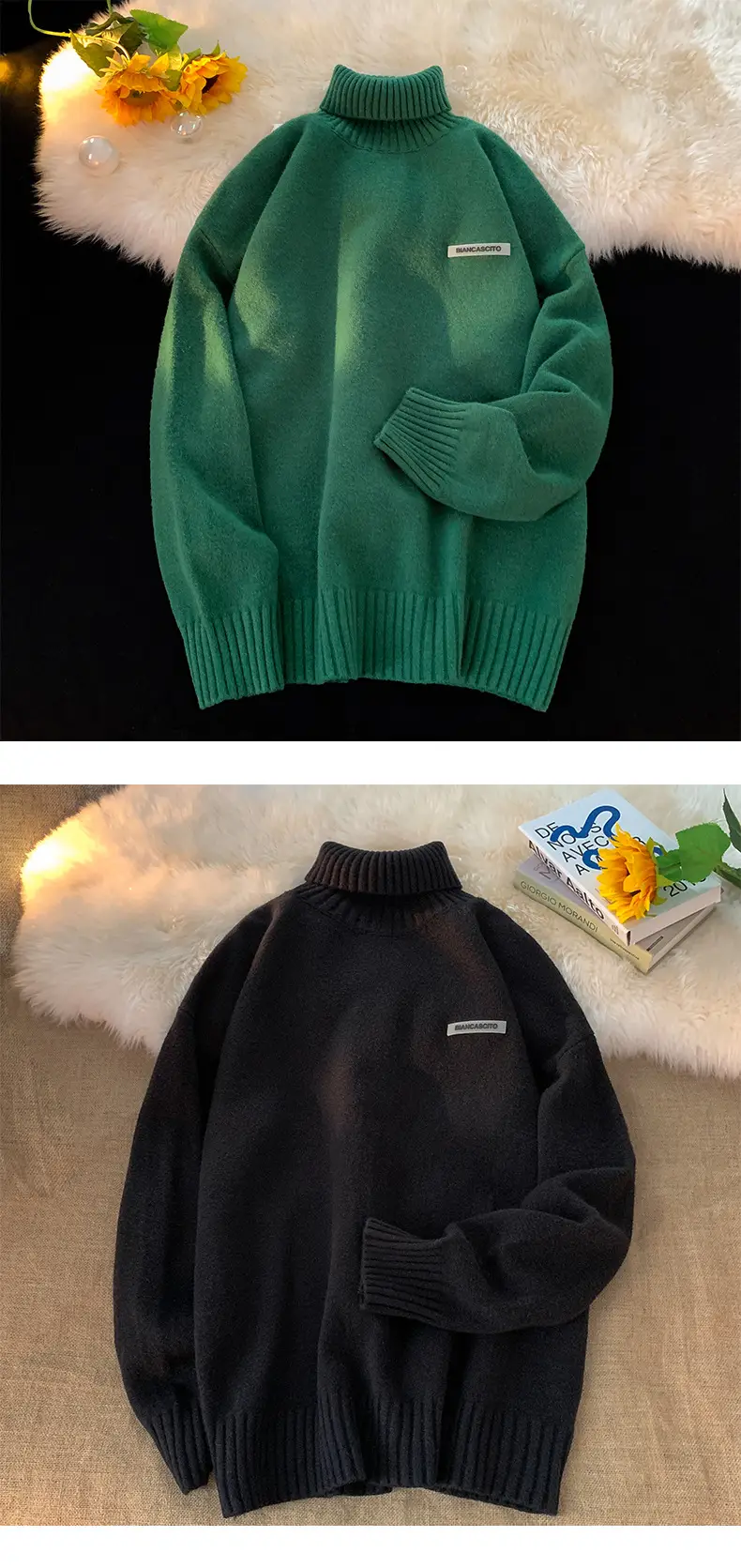 Men's Brown Turtleneck Sweater Thickened Winter Warm Loose Fit — feature 16