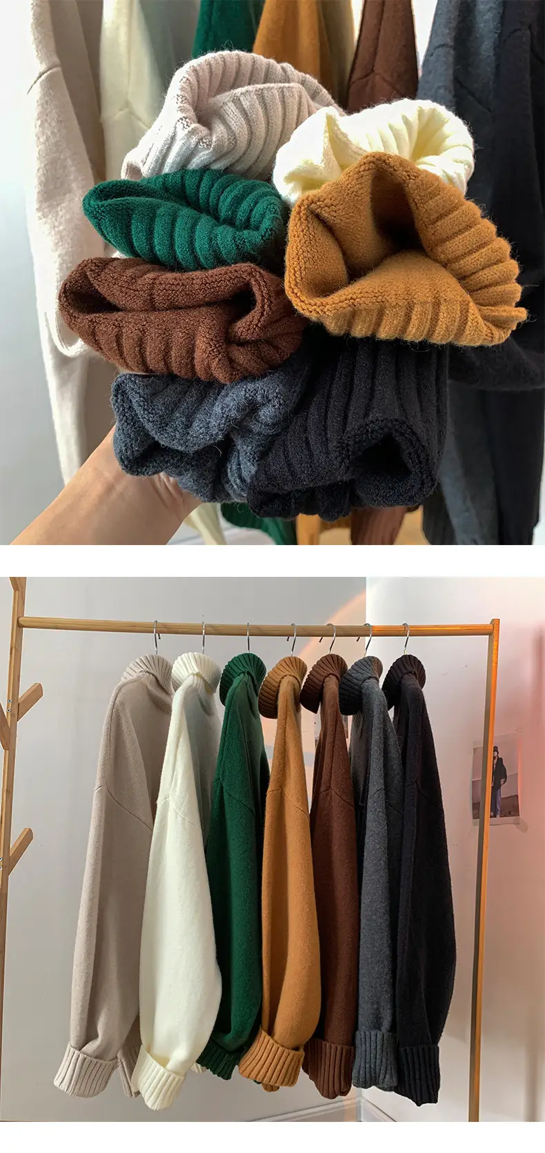 Men's Brown Turtleneck Sweater Thickened Winter Warm Loose Fit — feature 17