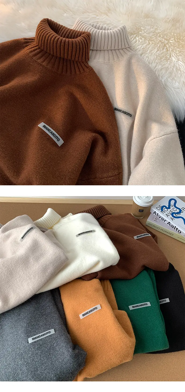 Men's Brown Turtleneck Sweater Thickened Winter Warm Loose Fit — feature 2