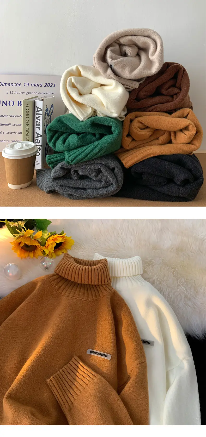 Men's Brown Turtleneck Sweater Thickened Winter Warm Loose Fit — feature 3