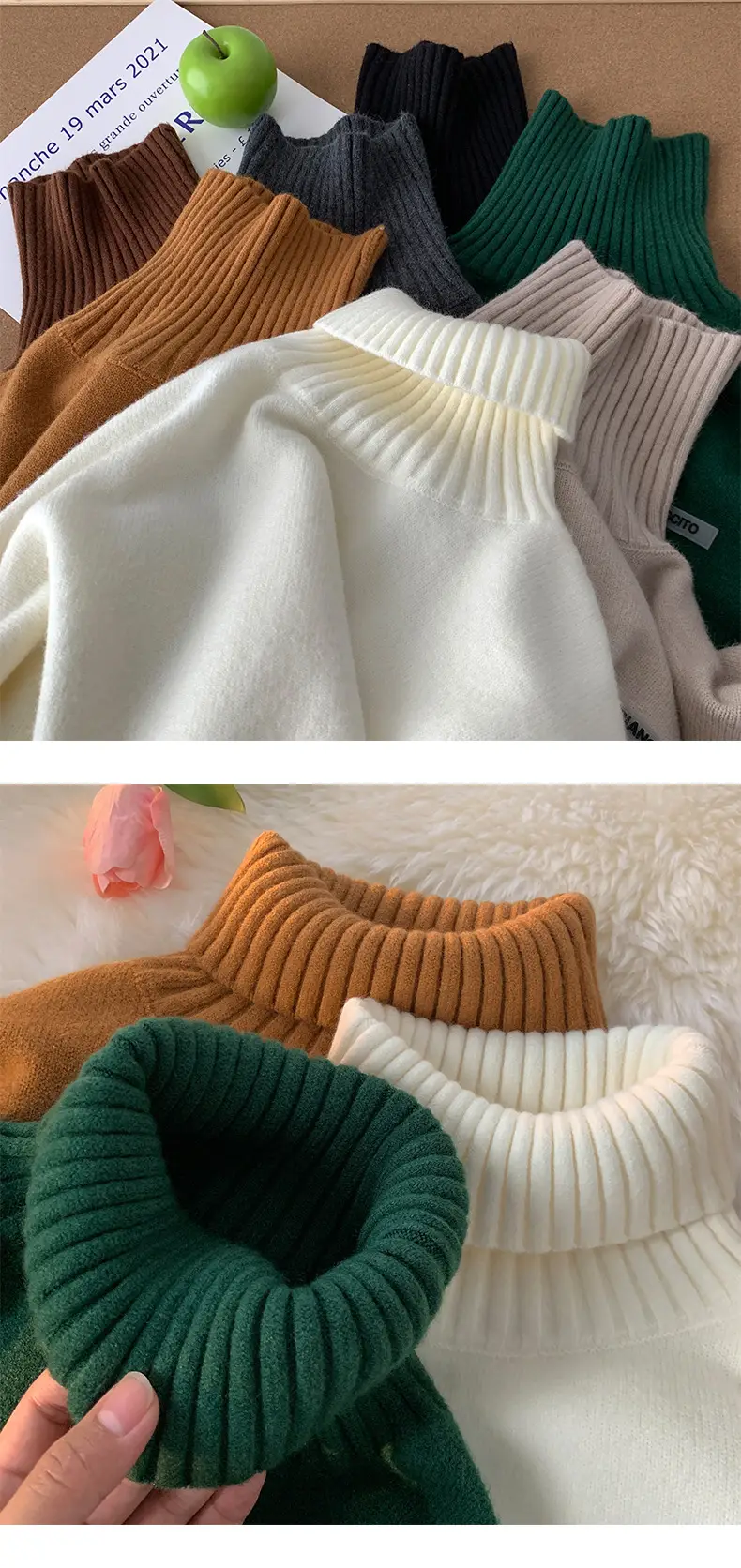 Men's Brown Turtleneck Sweater Thickened Winter Warm Loose Fit — feature 4
