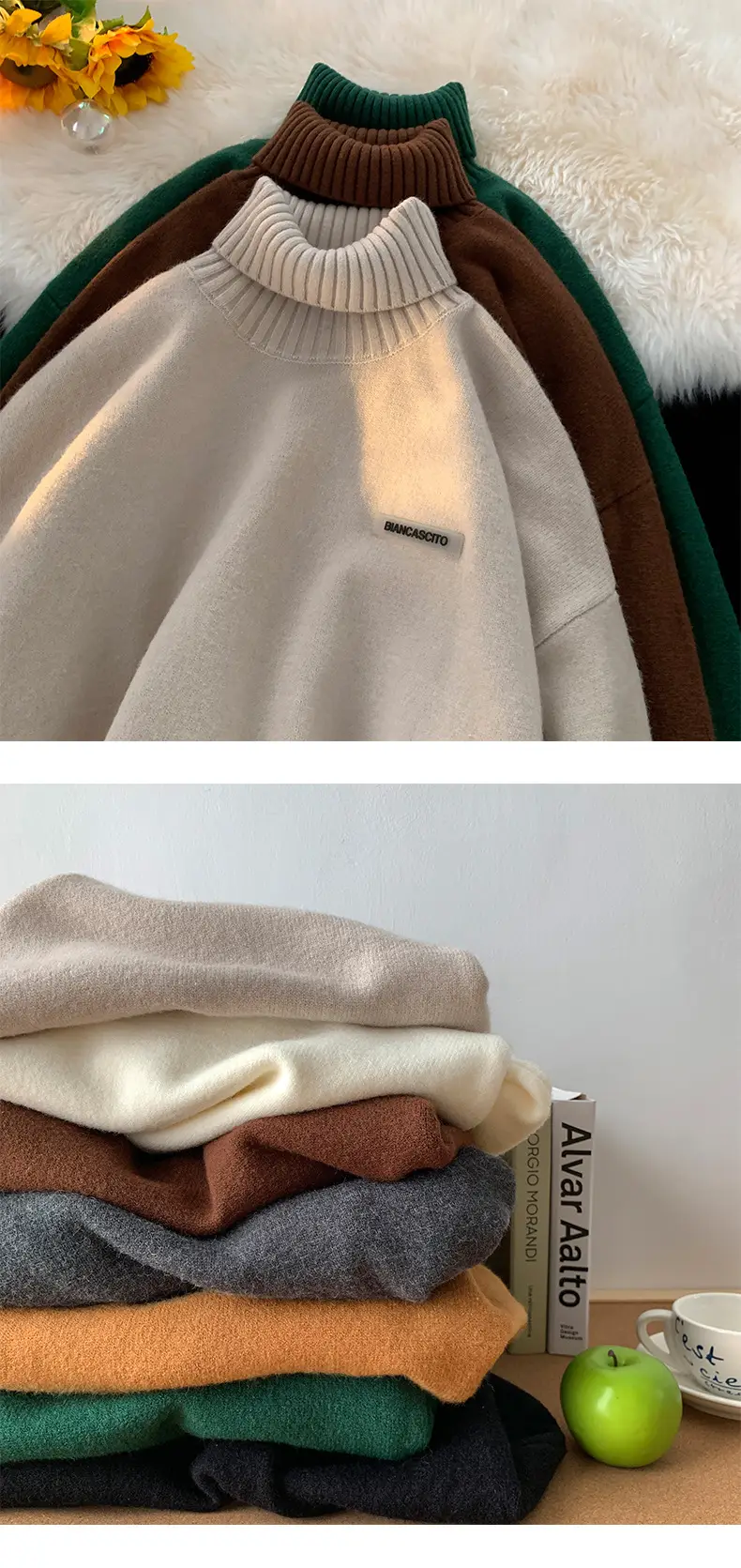 Men's Brown Turtleneck Sweater Thickened Winter Warm Loose Fit — feature 5