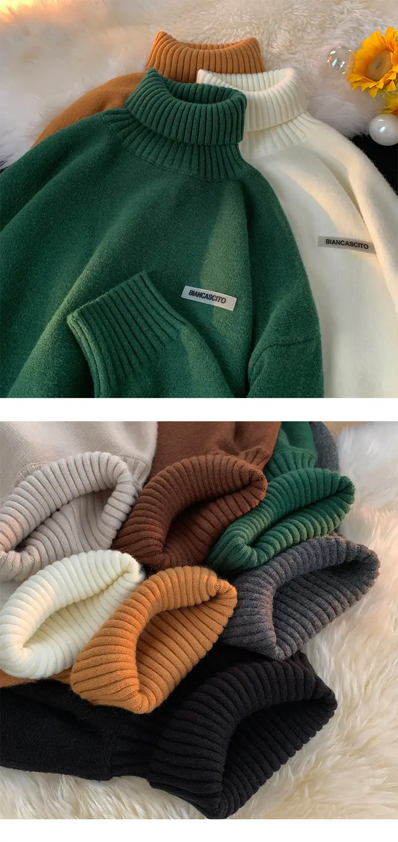 Men's Brown Turtleneck Sweater Thickened Winter Warm Loose Fit — feature 6