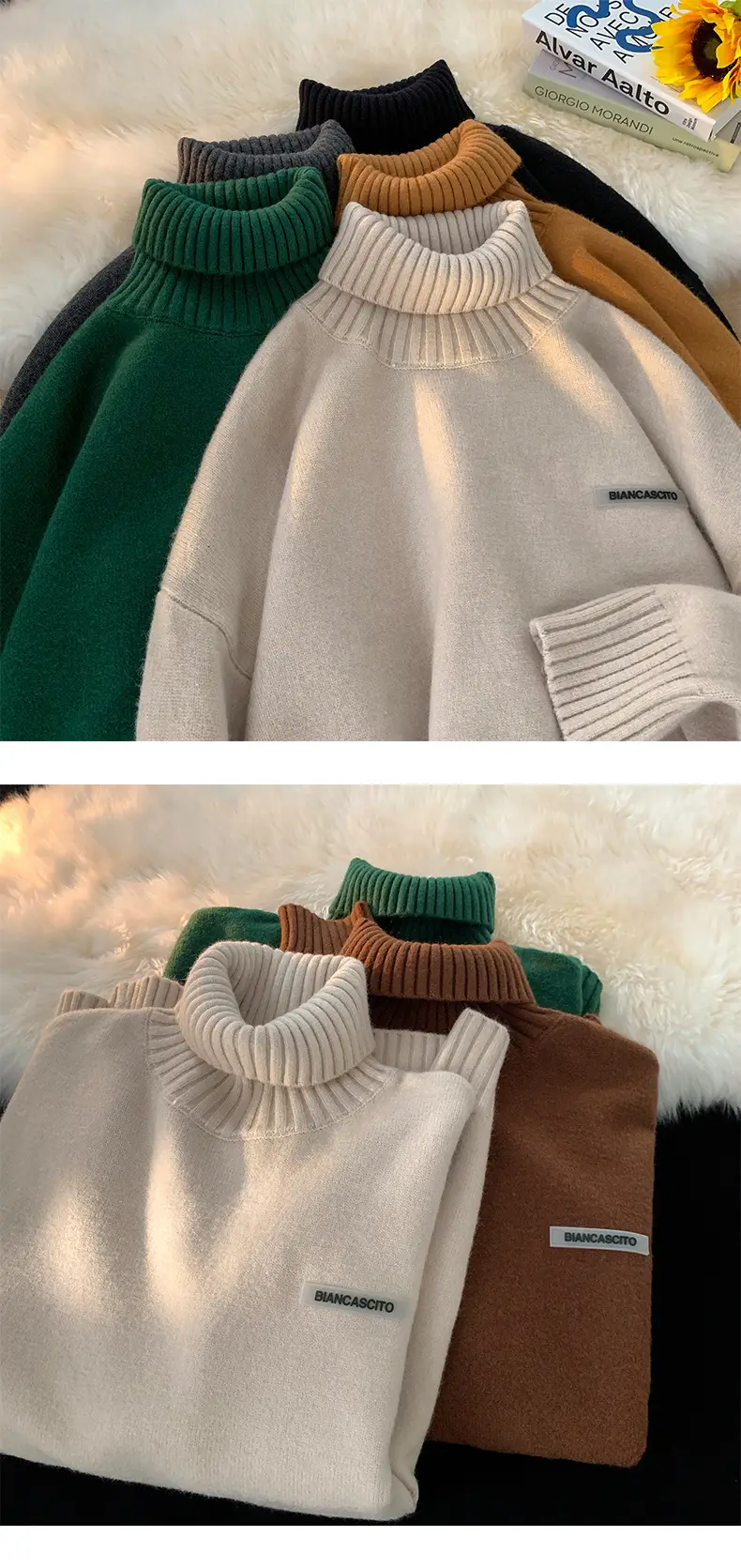 Men's Brown Turtleneck Sweater Thickened Winter Warm Loose Fit — feature 7