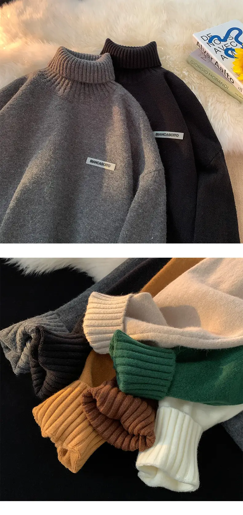 Men's Brown Turtleneck Sweater Thickened Winter Warm Loose Fit — feature 8