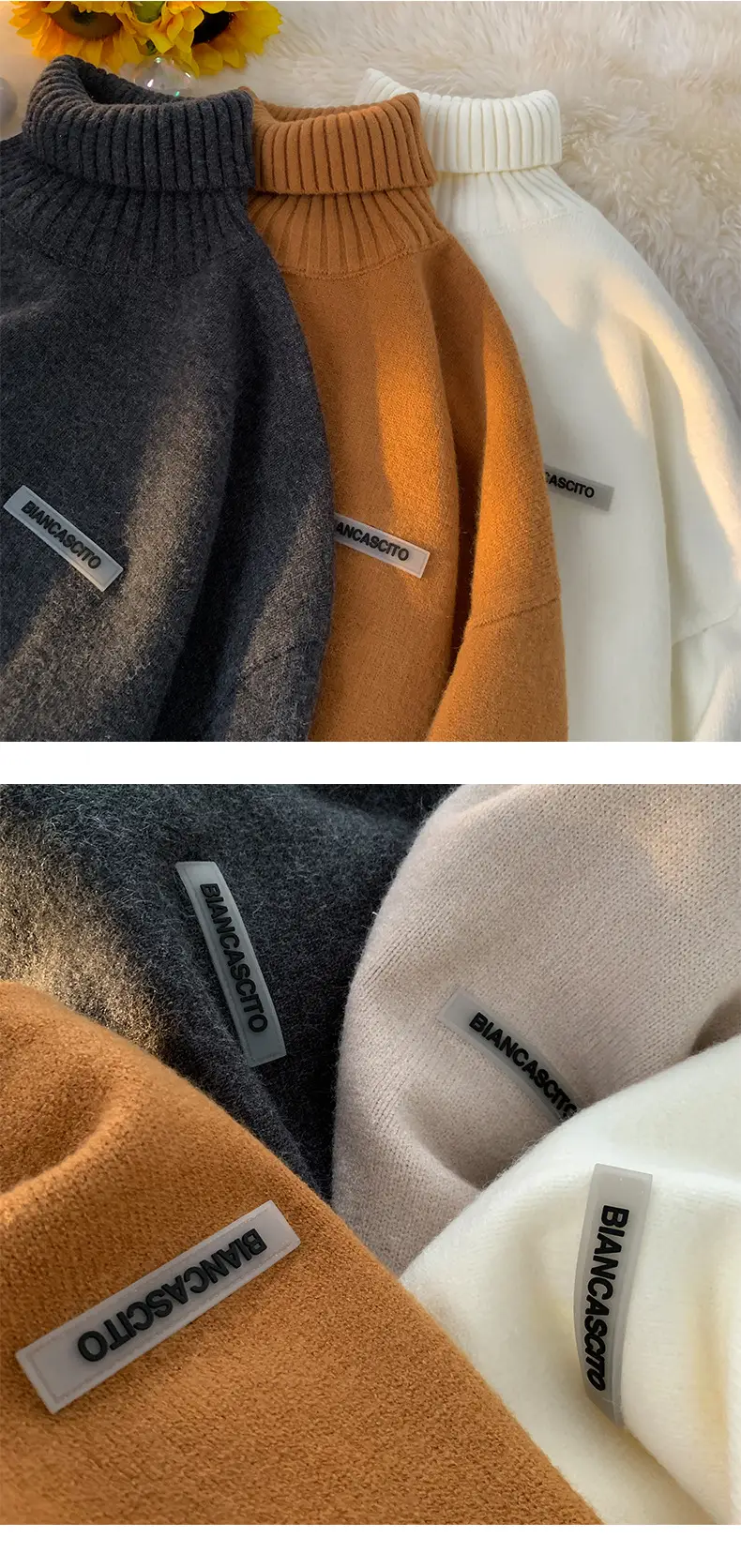 Men's Brown Turtleneck Sweater Thickened Winter Warm Loose Fit — feature 9