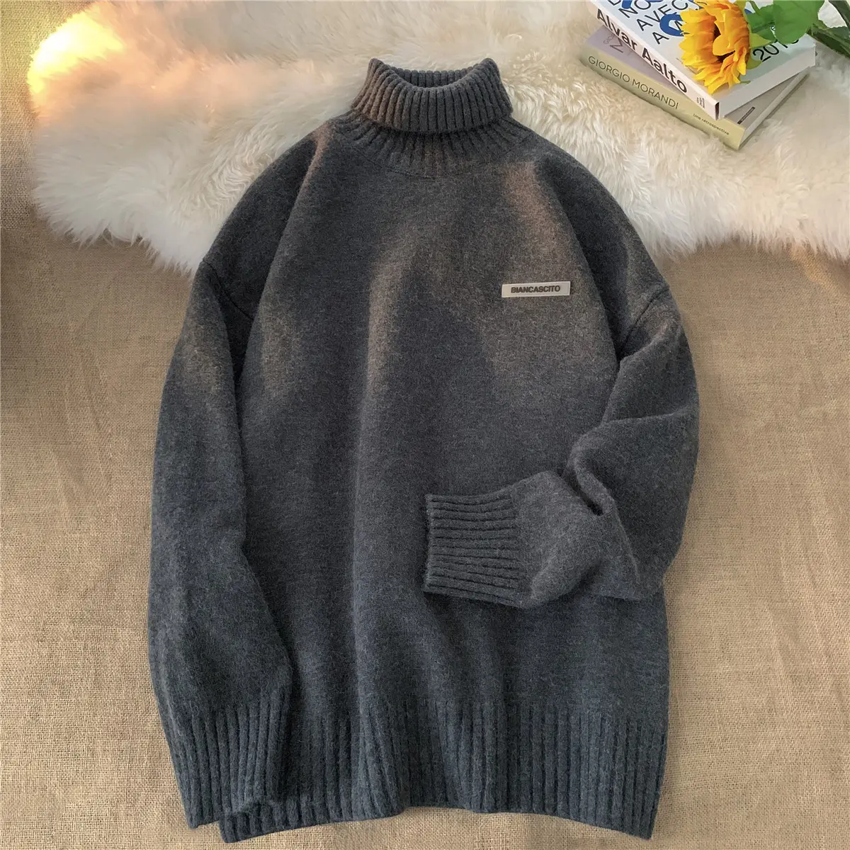 Men's Brown Turtleneck Sweater Thickened Winter Warm Loose Fit - Image 2