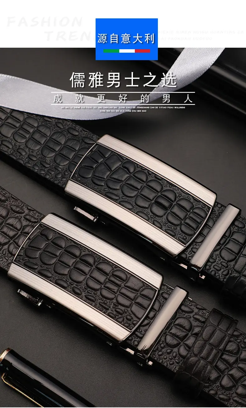 Men's Black Croc Leather Belt First Layer Cowhide — feature 18