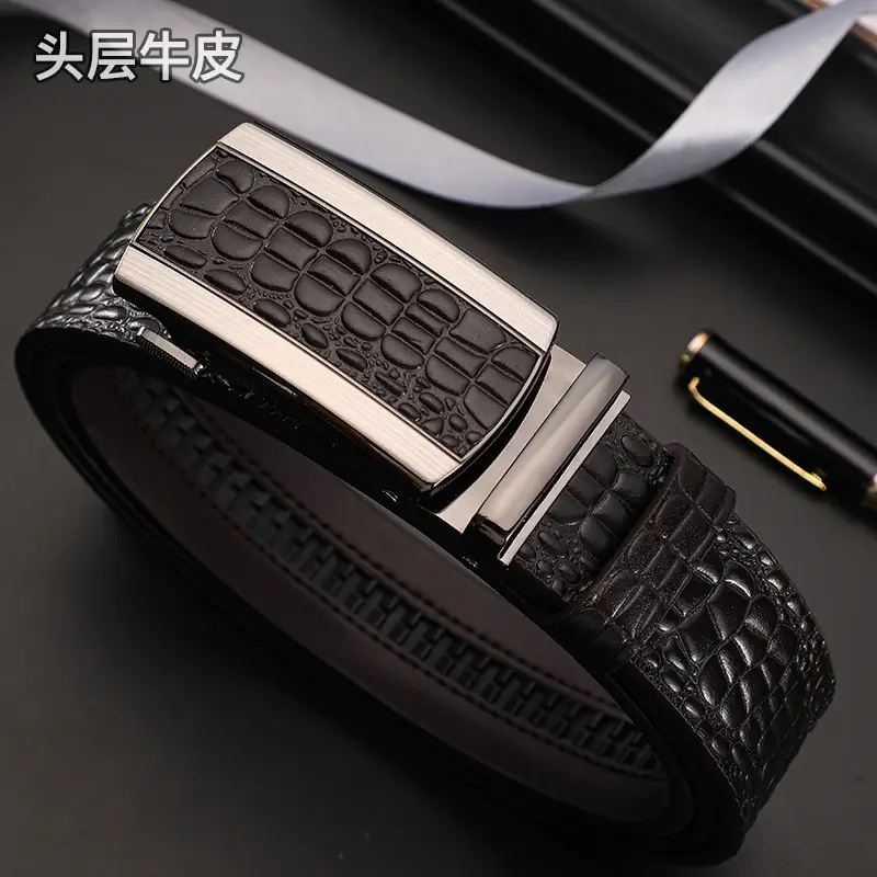 Men's Black Croc Leather Belt First Layer Cowhide