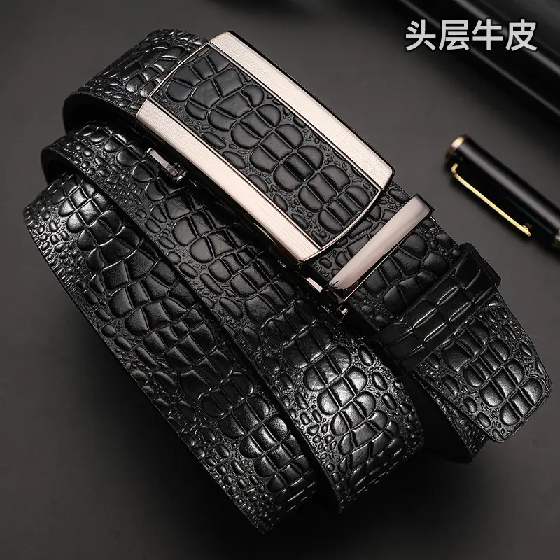 Men's Black Croc Leather Belt First Layer Cowhide