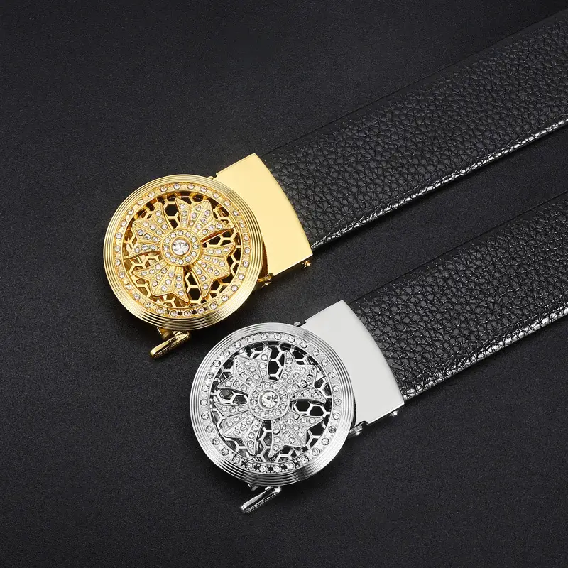 Men's Black Automatic Rotating Buckle Belt with Crystal Dial - Image 5
