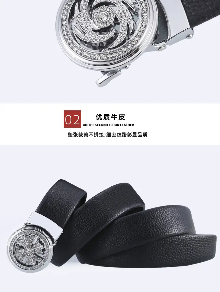 Men's Black Automatic Rotating Buckle Belt with Crystal Dial — feature 5