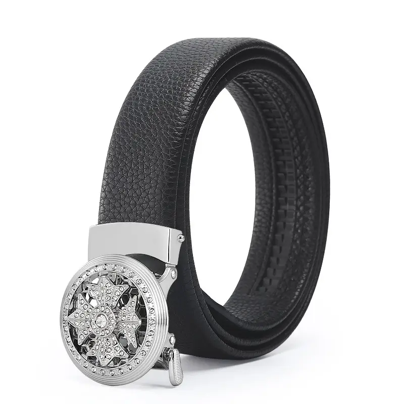 Men's Black Automatic Rotating Buckle Belt with Crystal Dial - Image 2