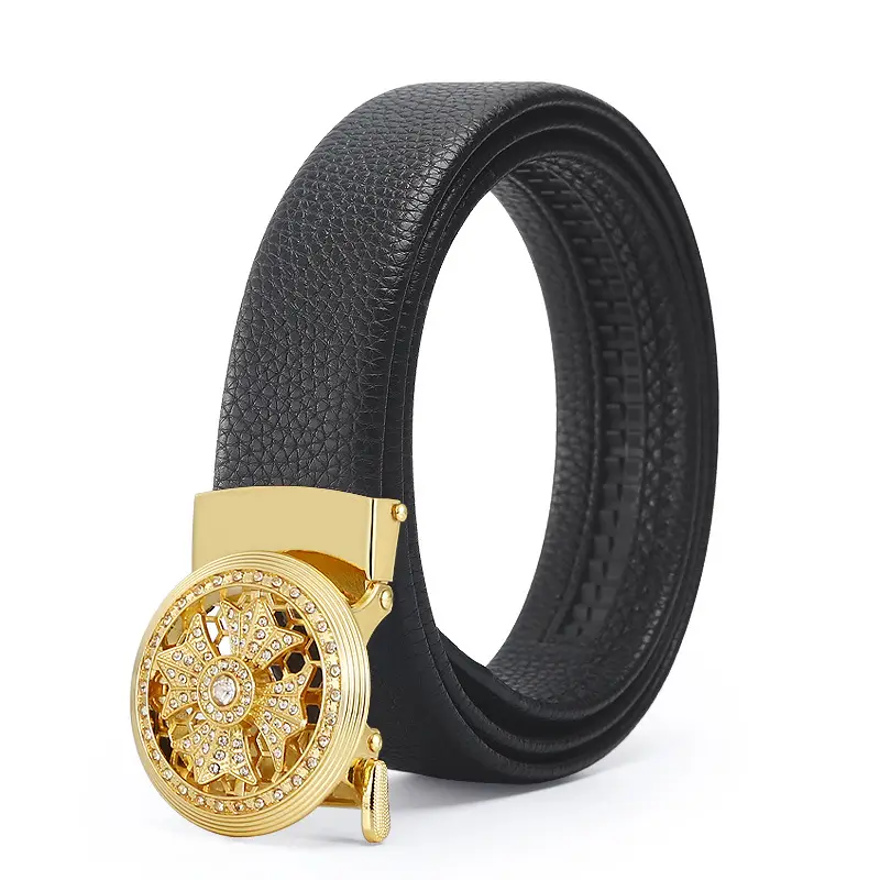 Men's Black Automatic Rotating Buckle Belt with Crystal Dial - Image 3