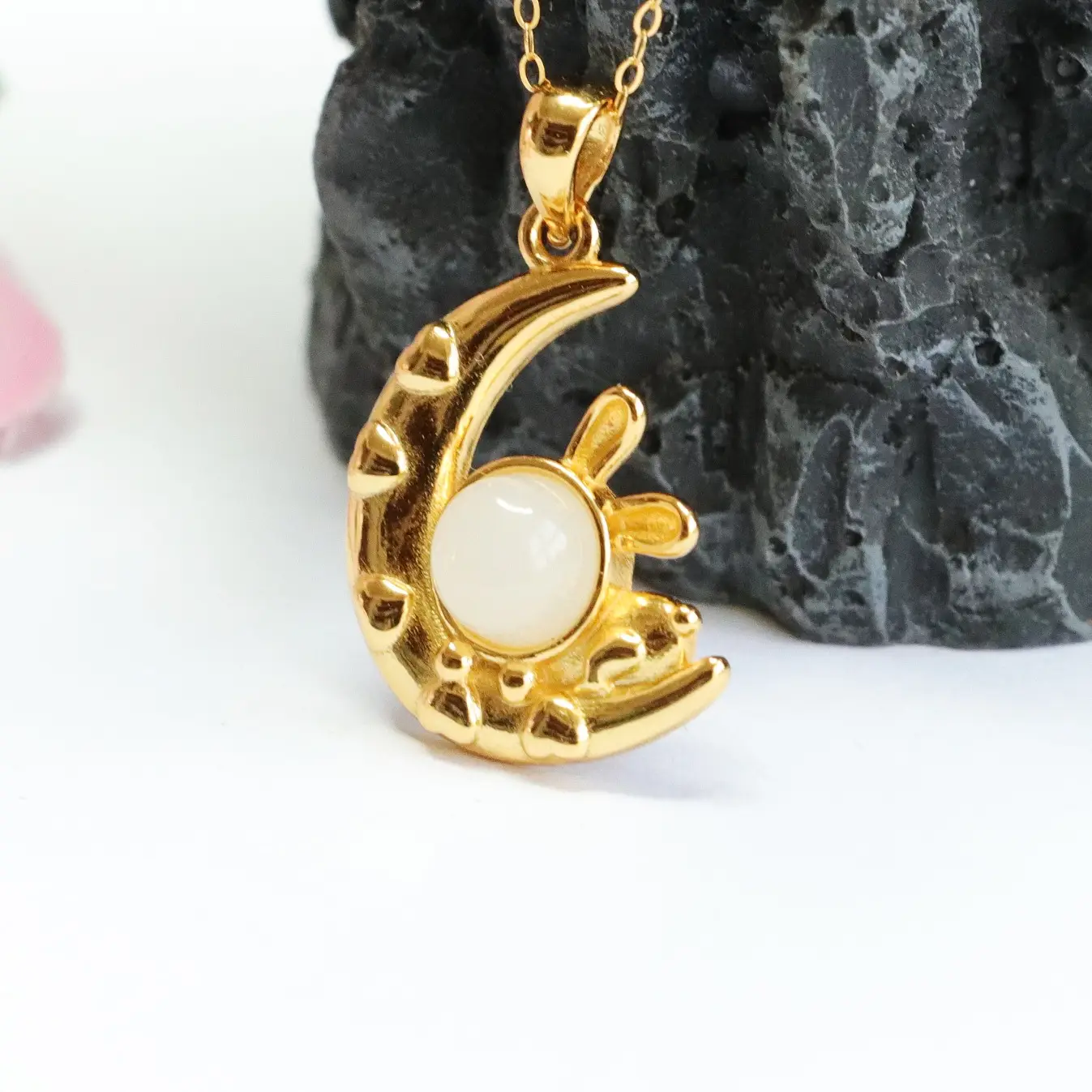 Guan Yu S925 Silver Inlaid Hetian Jade Pendant White Jade Rabbit Moon Necklace - Image 3