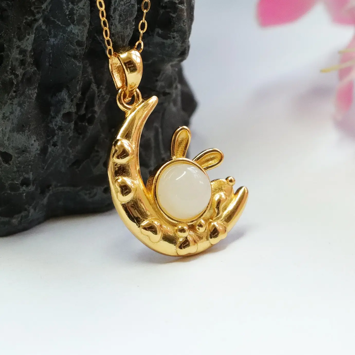 Guan Yu S925 Silver Inlaid Hetian Jade Pendant White Jade Rabbit Moon Necklace - Image 4