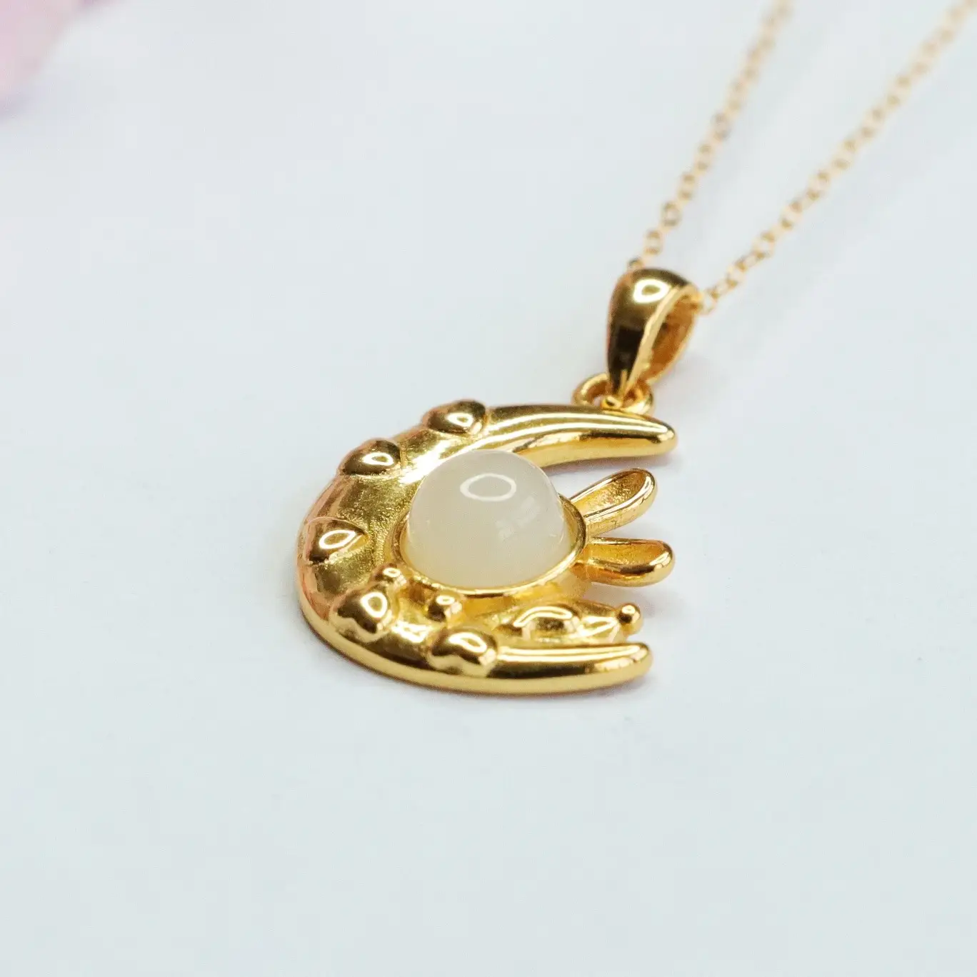 Guan Yu S925 Silver Inlaid Hetian Jade Pendant White Jade Rabbit Moon Necklace - Image 5