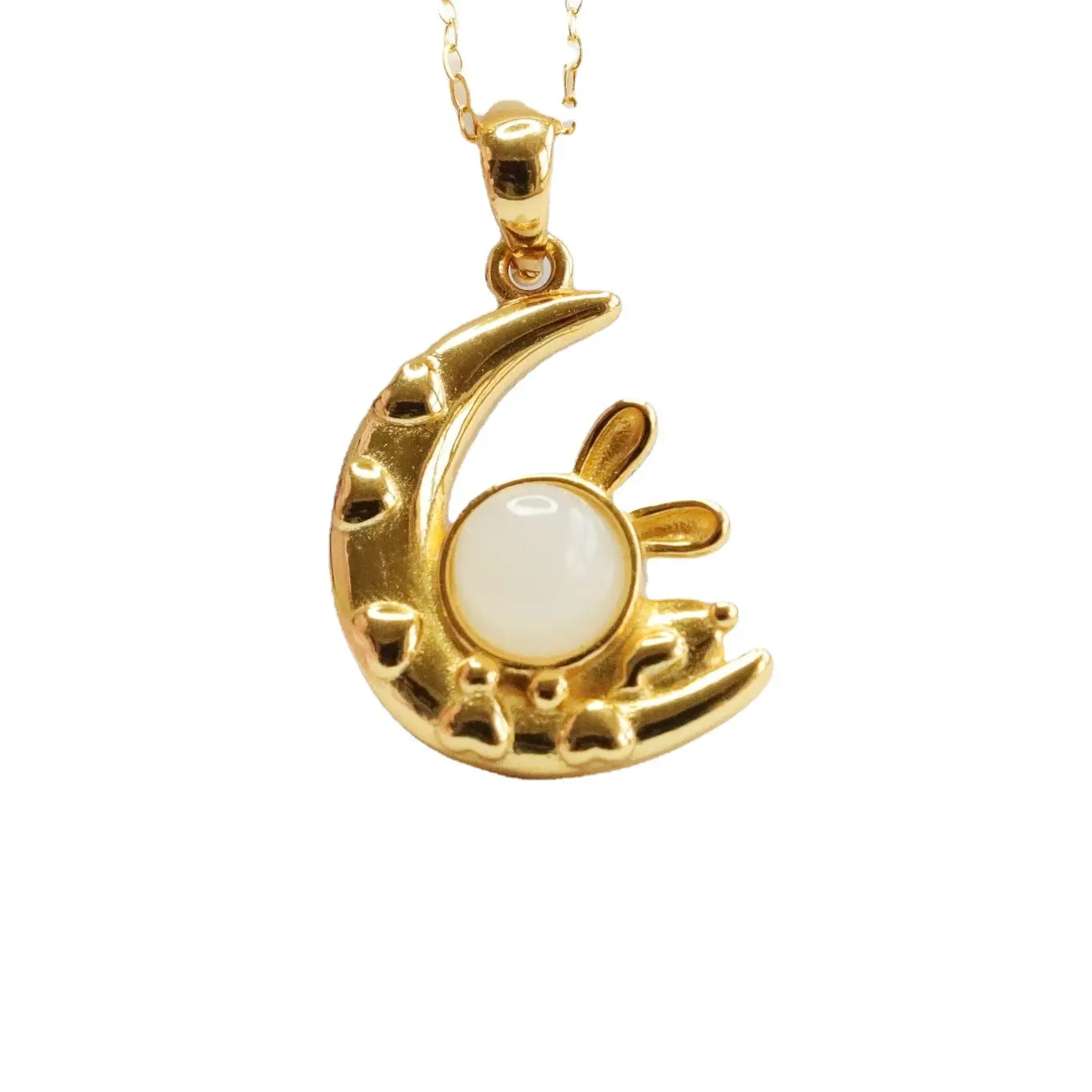 Guan Yu S925 Silver Inlaid Hetian Jade Pendant White Jade Rabbit Moon Necklace - Image 6