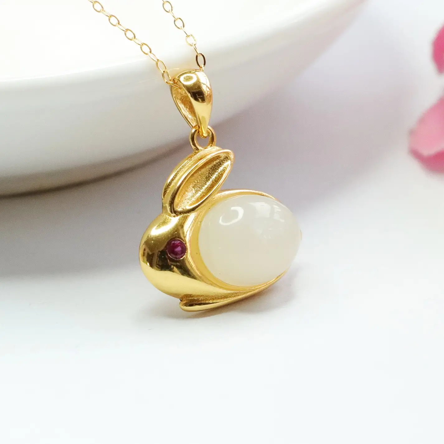 Guan Yu Rabbit Pendant with White Jade & Gold Chain - Image 3