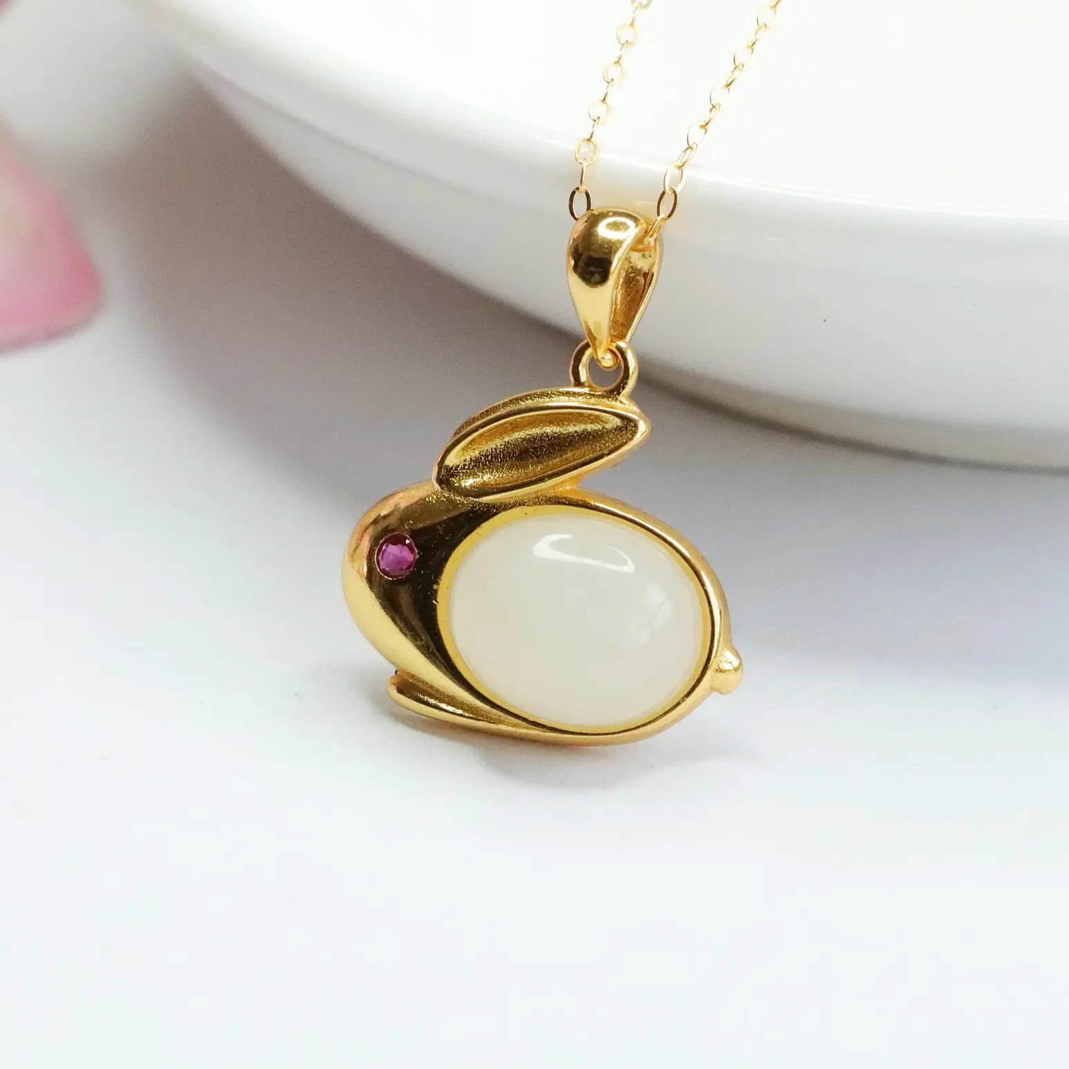 Guan Yu Rabbit Pendant with White Jade & Gold Chain — feature 5