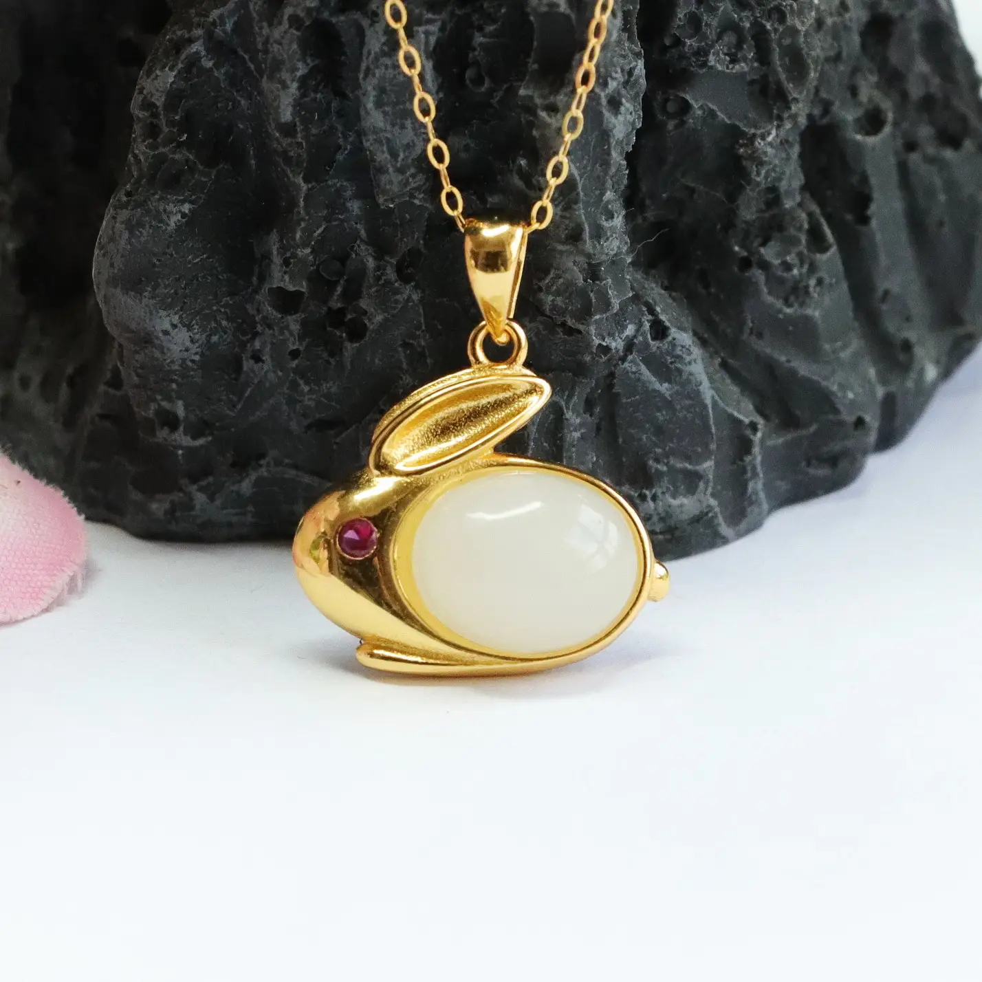 Guan Yu Rabbit Pendant with White Jade & Gold Chain — feature 9