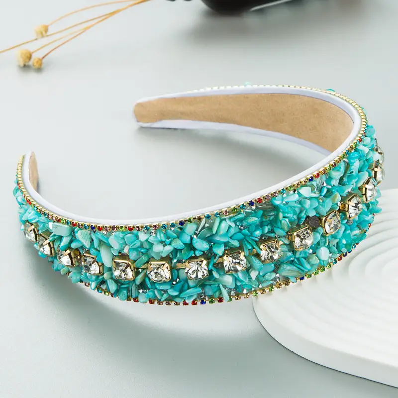 Crushed Turquoise Diamond Wide Headband with Pearl Embellishment - Image 3