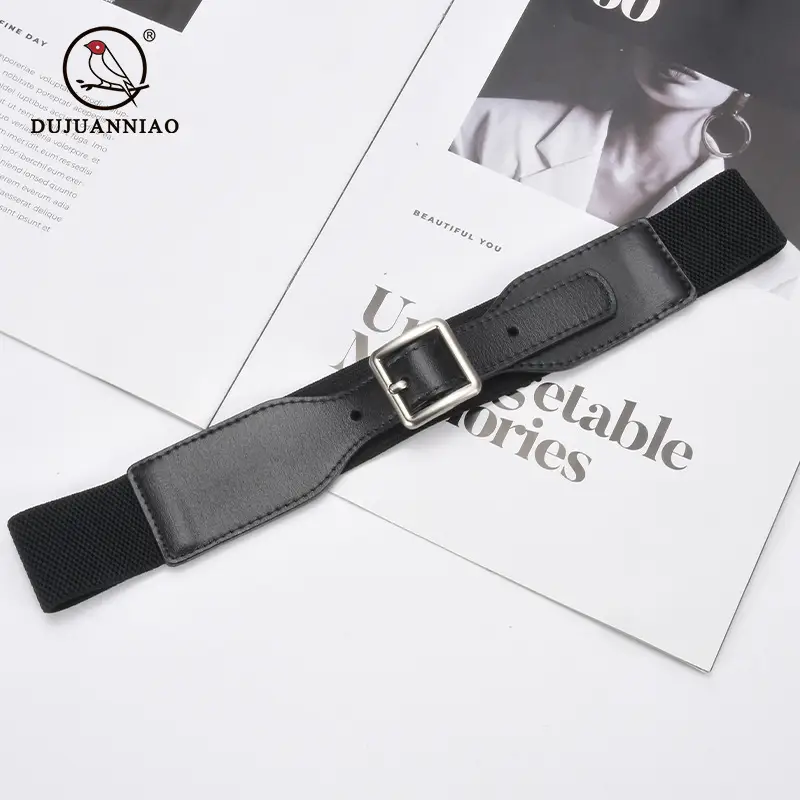 Korean Style Women's Brown Elastic Wide Belt with Square Pin Buckle - Image 10