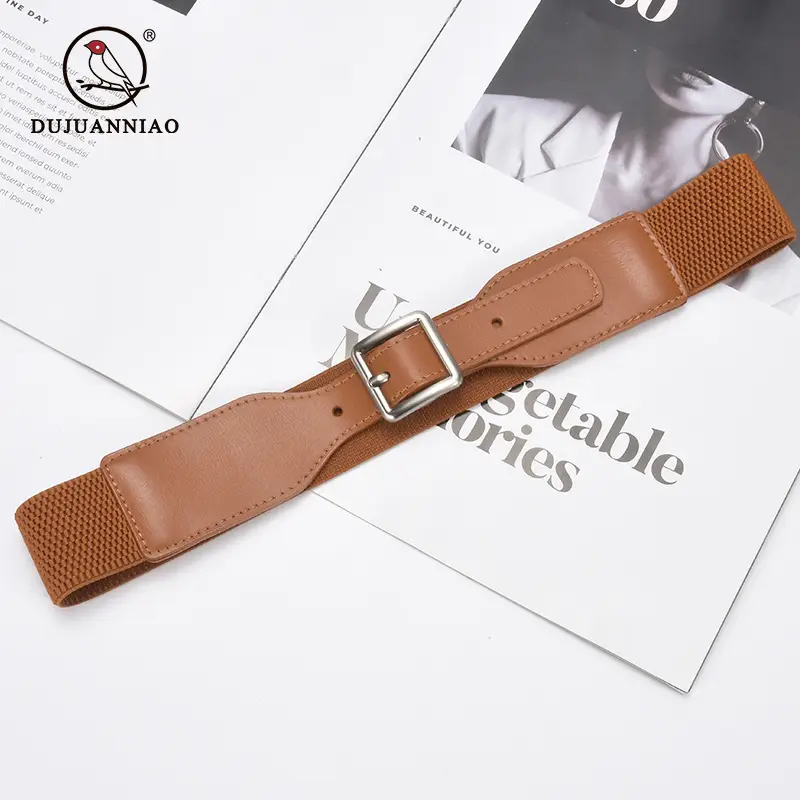 Korean Style Women's Brown Elastic Wide Belt with Square Pin Buckle - Image 11