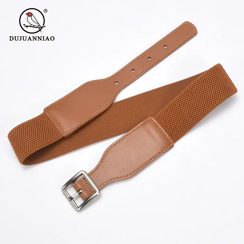 Korean Style Women's Brown Elastic Wide Belt with Square Pin Buckle - Image 12