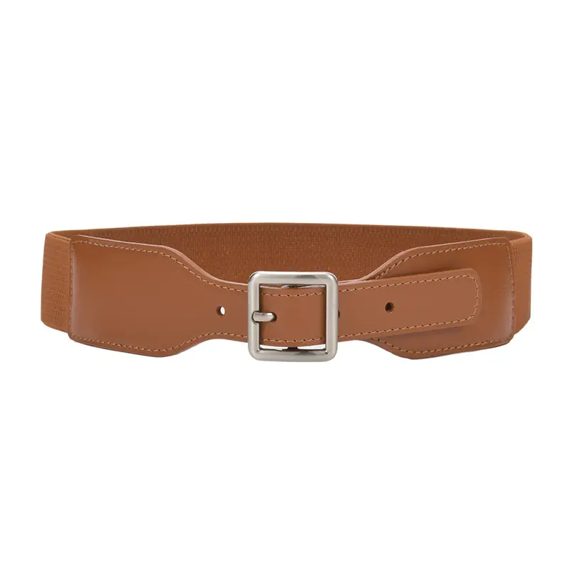 Korean Style Women's Brown Elastic Wide Belt with Square Pin Buckle - Image 13