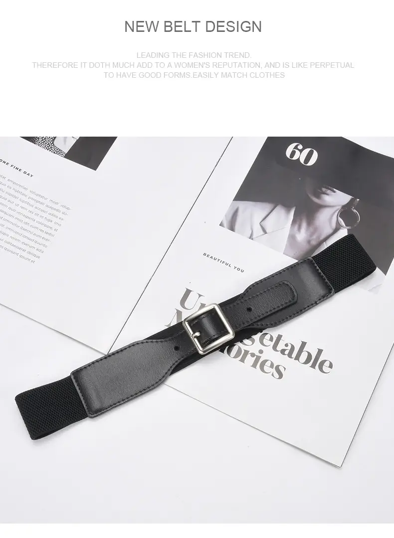 Korean Style Women's Brown Elastic Wide Belt with Square Pin Buckle — feature 21