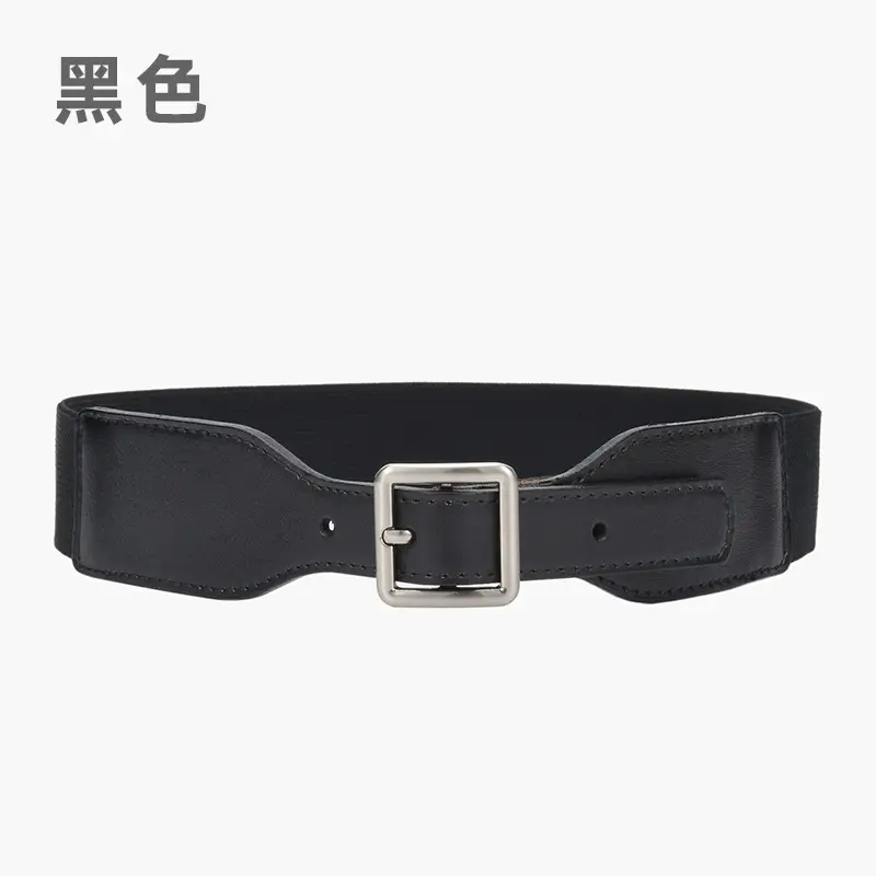 Korean Style Women's Brown Elastic Wide Belt with Square Pin Buckle - Image 2