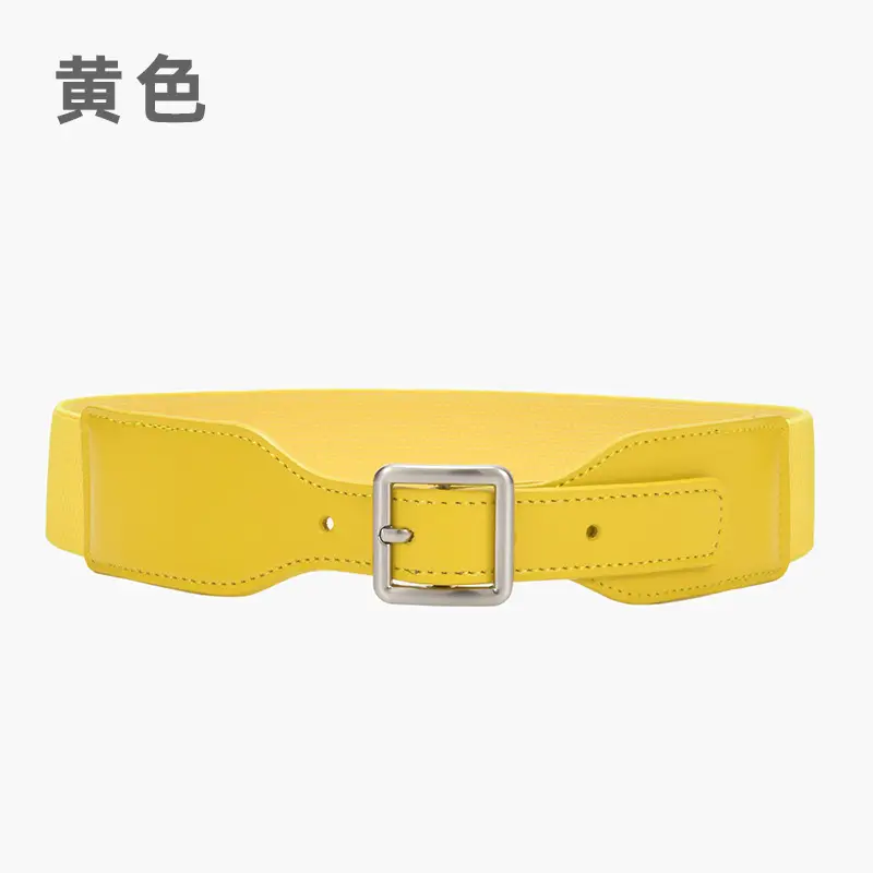 Korean Style Women's Brown Elastic Wide Belt with Square Pin Buckle - Image 3