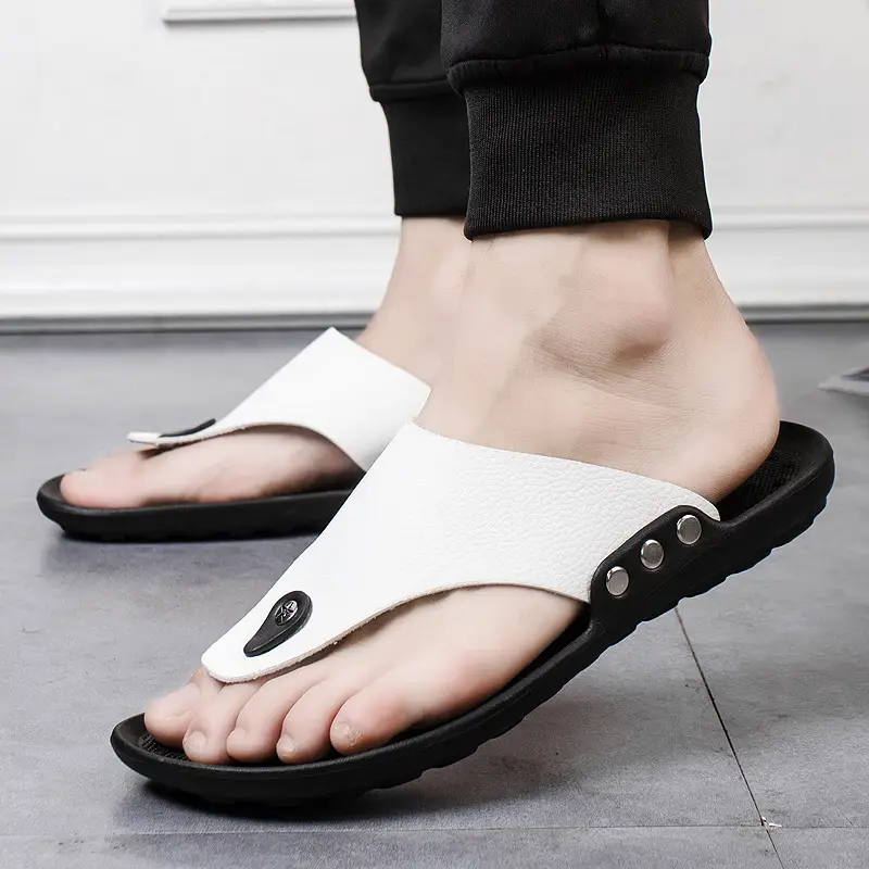 Men's White Slip-On Flip Flops with Buckle