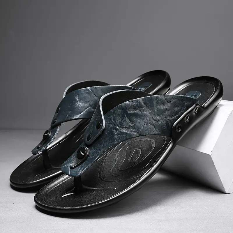 Men's Black Leather Flip Flops Summer Sandals
