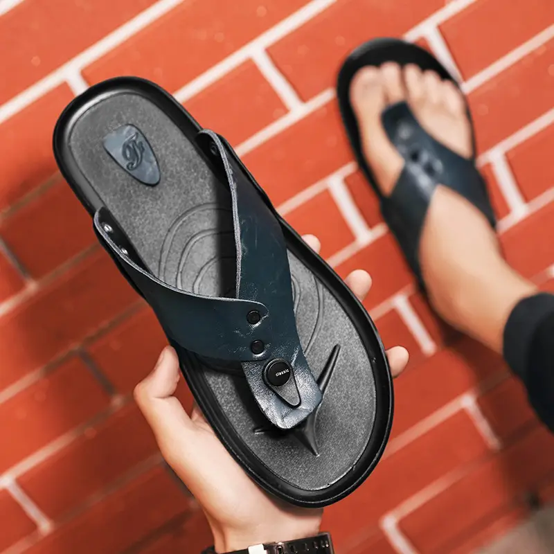 Men's Black Leather Flip Flops Summer Sandals